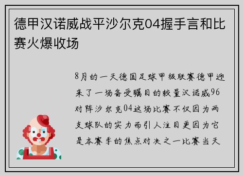 德甲汉诺威战平沙尔克04握手言和比赛火爆收场